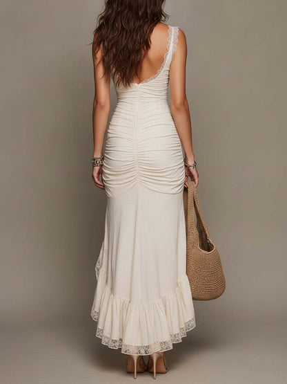 Vestido Midi Marfil Sirena Encaje Fruncido
