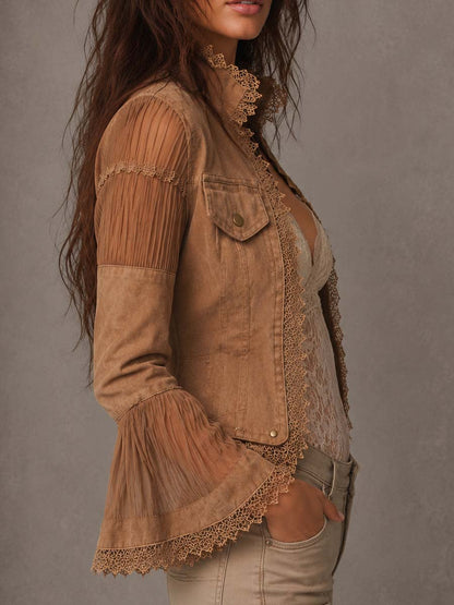 Chaqueta Boho Caqui Encaje Mangas Vaporosas