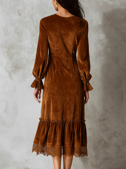 Vestido Midi Marrón Terciopelo Encaje Cuello Volante