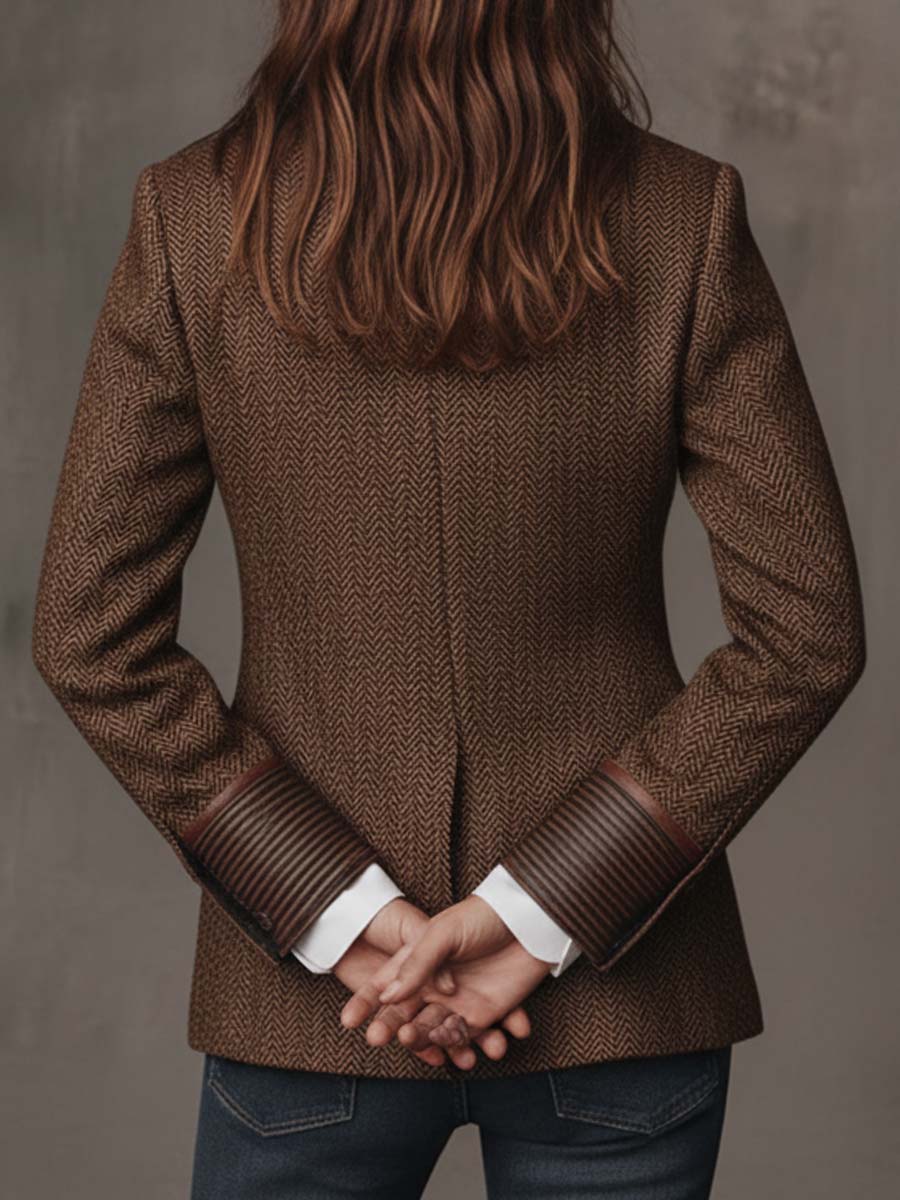 Blazer Tweed Espiga Marrón Paneles Estampados