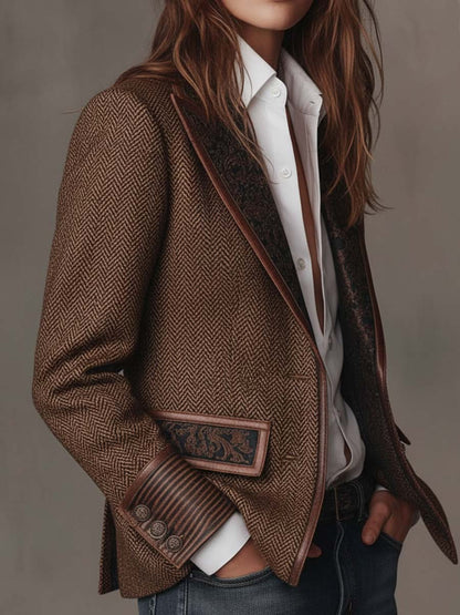 Blazer Tweed Espiga Marrón Paneles Estampados