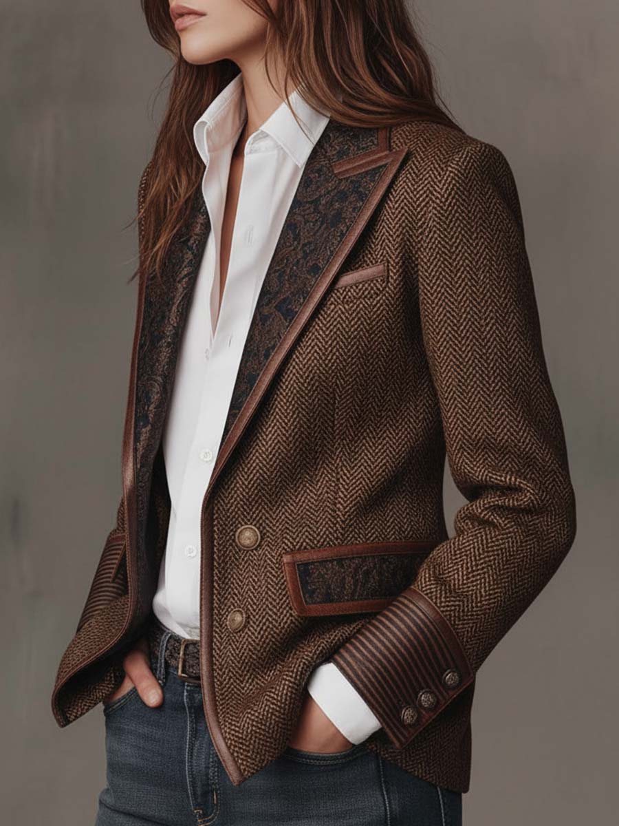 Blazer Tweed Espiga Marrón Paneles Estampados