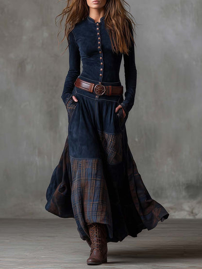 Vestido Maxi Azul Marino Ante Patchwork Cuadros