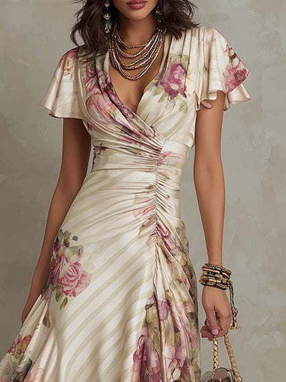 Vestido Midi Marfil Floral Chiffon Cruzado