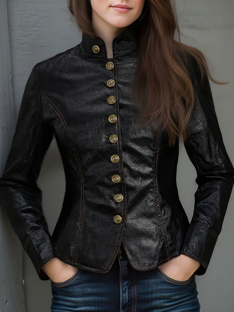 Chaqueta Piel Negra Cuello Mao Botones Metálicos