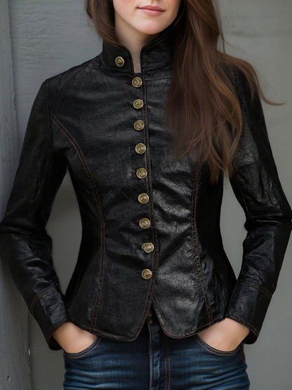 Chaqueta Piel Negra Cuello Mao Botones Metálicos