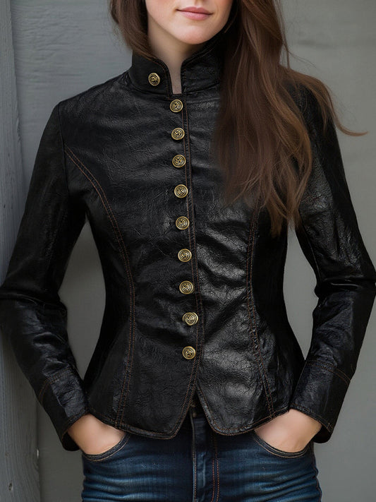 Chaqueta Piel Negra Cuello Mao Botones Metálicos