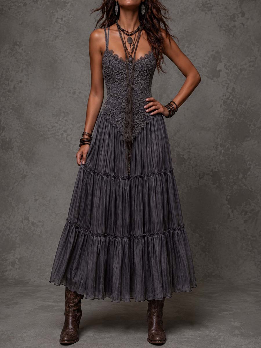 Vestido Maxi Gris Oscuro Encaje Capas Crinkle