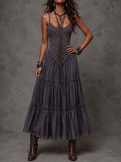 Vestido Maxi Gris Oscuro Encaje Capas Crinkle