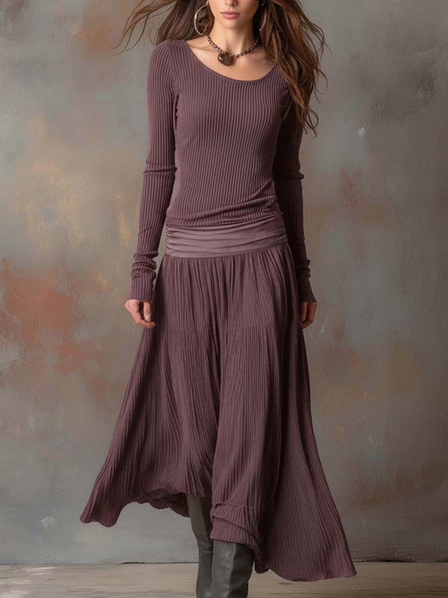 Vestido Maxi Gris Carbón Punto Canalé Plisado