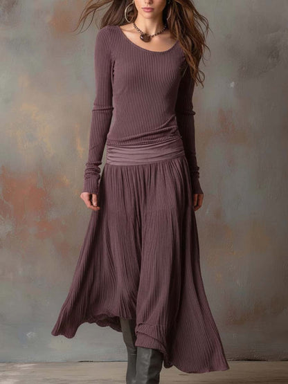 Vestido Maxi Gris Carbón Punto Canalé Plisado