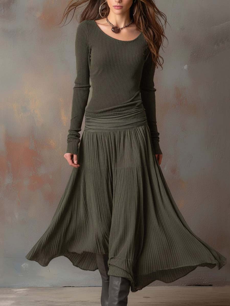 Vestido Maxi Gris Carbón Punto Canalé Plisado
