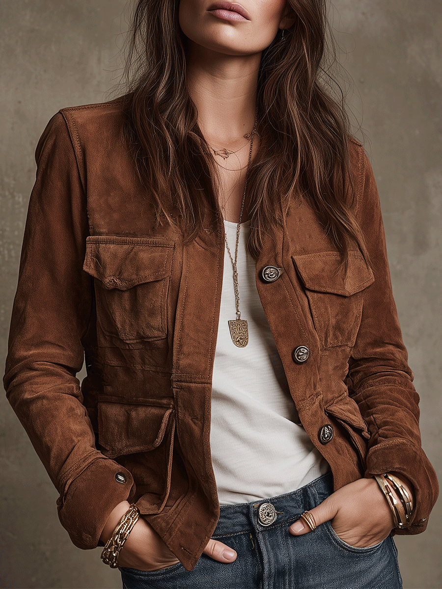 Chaqueta Ante Marrón Estilo Utility