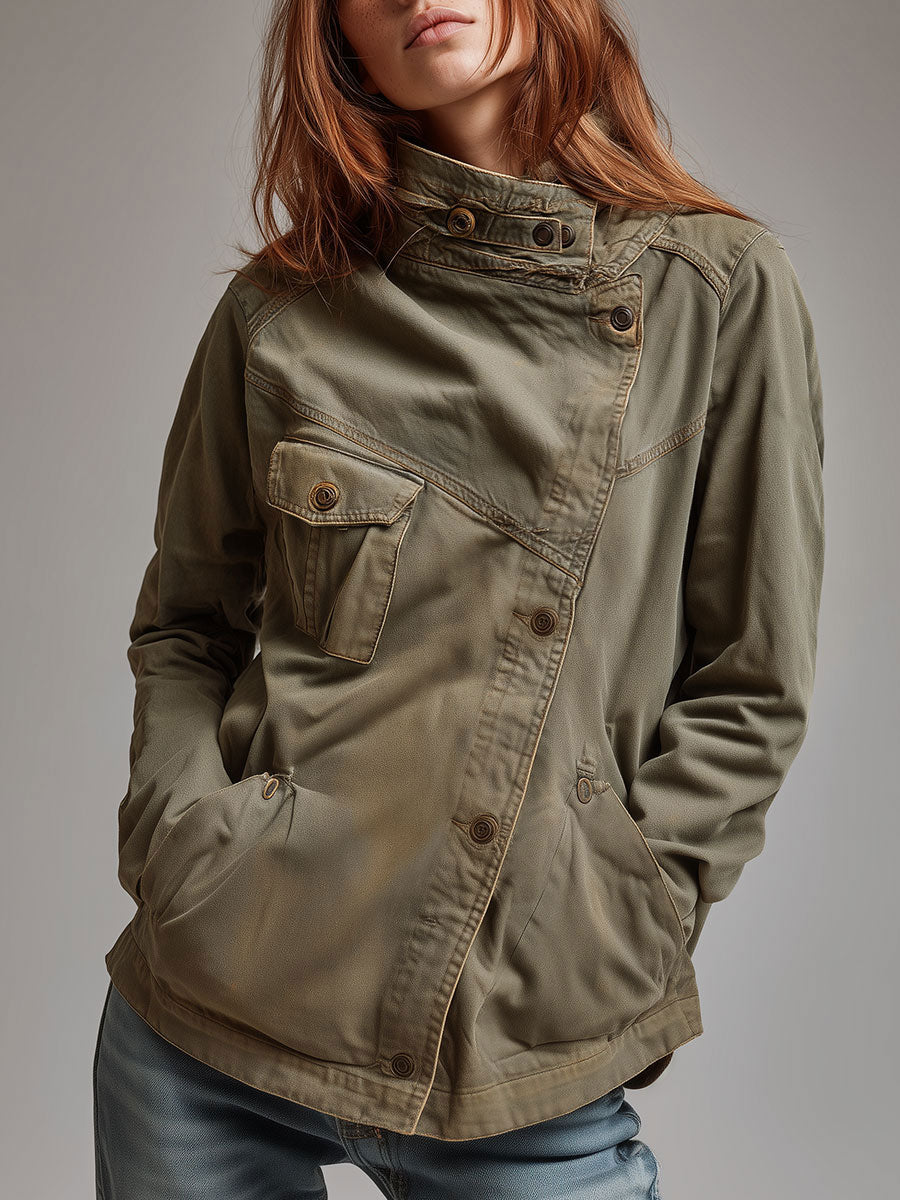 Chaqueta Verde Militar Cuello Mao Cremallera Diagonal