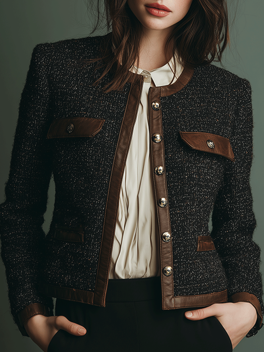 Chaqueta Tweed Negra Ribete Piel Clásica