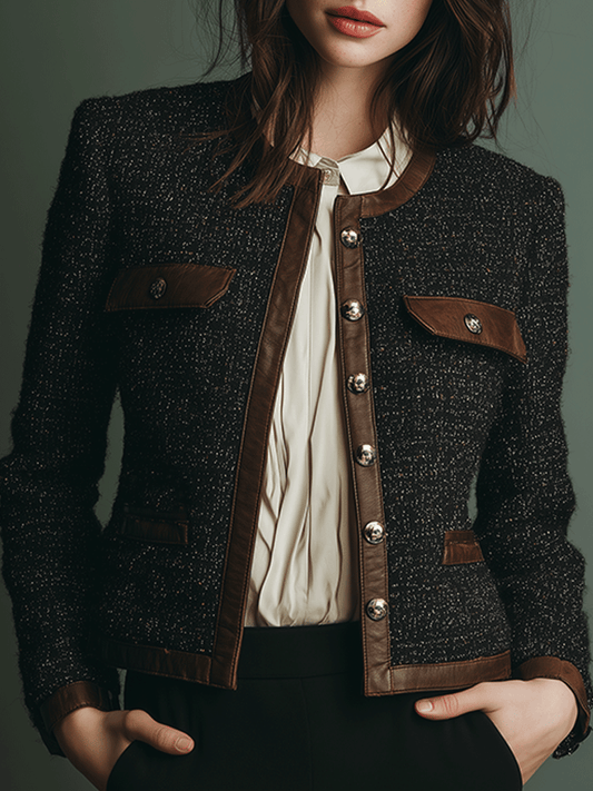 Chaqueta Tweed Negra Ribete Piel Clásica