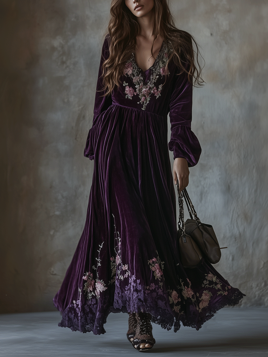 Vestido Maxi Morado Terciopelo Bordado Floral