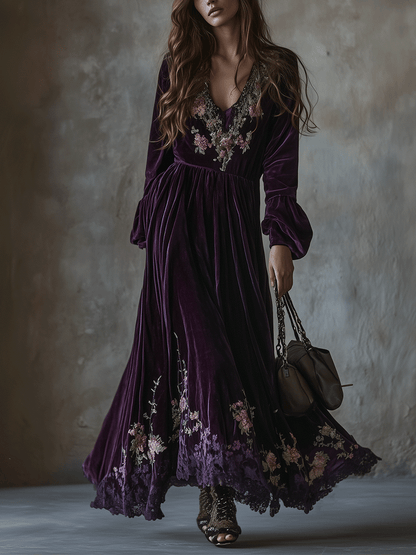 Vestido Maxi Morado Terciopelo Bordado Floral