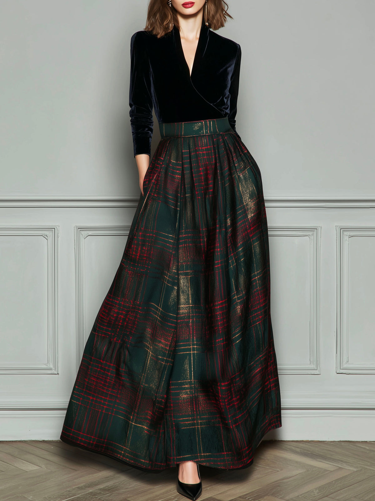 Vestido Maxi Negro Terciopelo Cuadros Falda Amplia