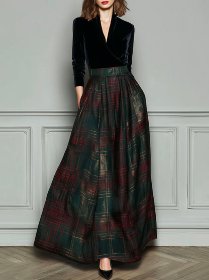 Vestido Maxi Negro Terciopelo Cuadros Falda Amplia