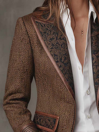 Blazer Tweed Espiga Marrón Paneles Estampados