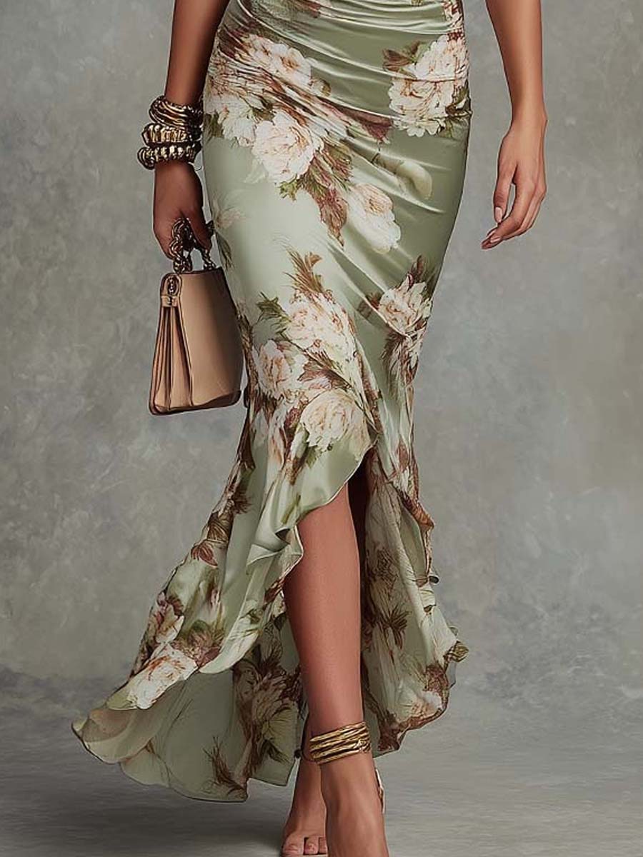 Vestido Maxi Verde Salvia Floral Escote V Fruncido