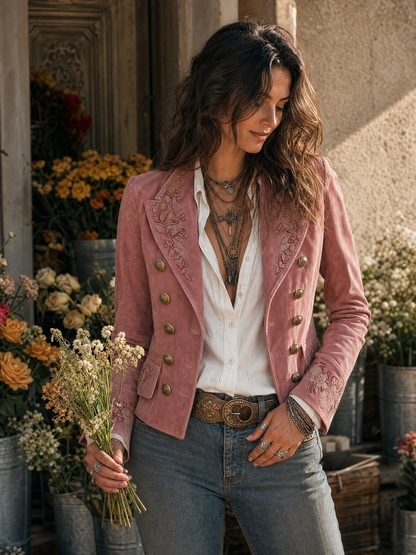 Chaqueta Ante Rosa Cruzada Bordada