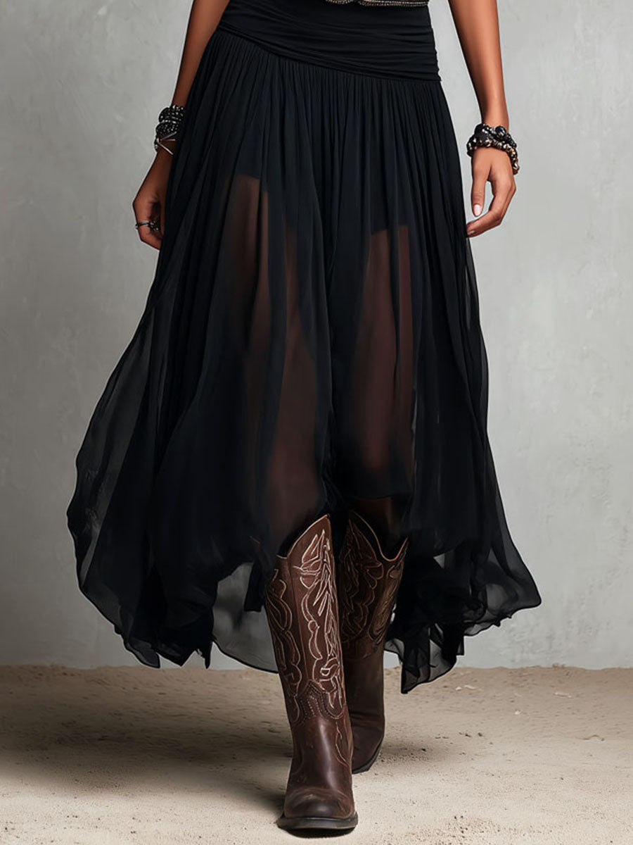 Vestido Maxi Negro Boho Western Falda Semitransparente