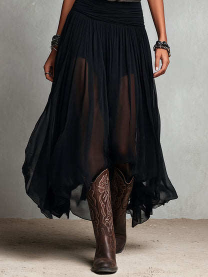 Vestido Maxi Negro Boho Western Falda Semitransparente