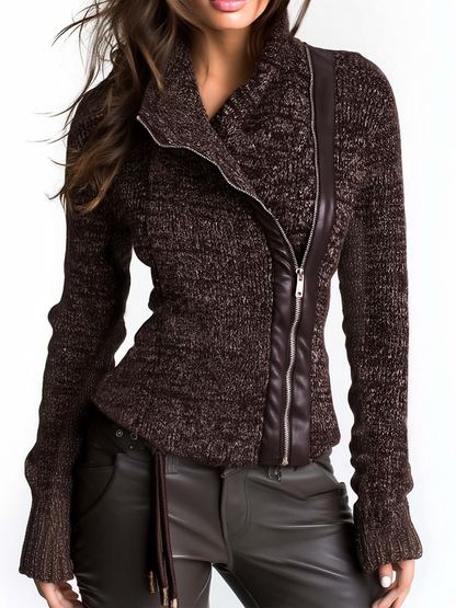 Chaqueta Punto Marrón Cremallera Asimétrica