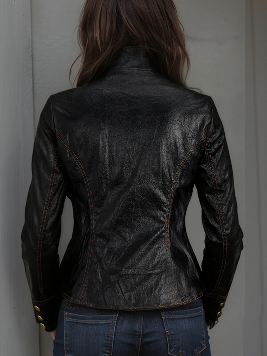 Chaqueta Piel Negra Cuello Mao Botones Metálicos