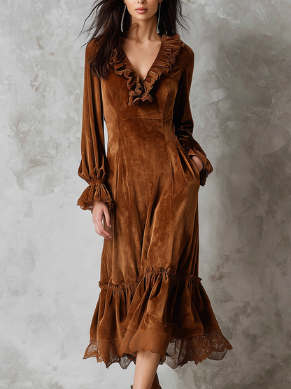 Vestido Midi Marrón Terciopelo Encaje Cuello Volante