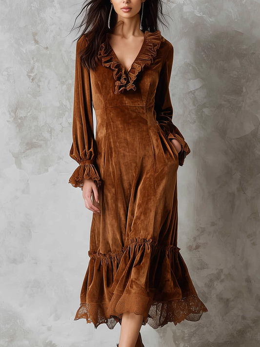 Vestido Midi Marrón Terciopelo Encaje Cuello Volante
