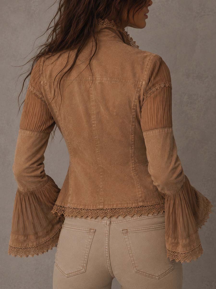 Chaqueta Boho Caqui Encaje Mangas Vaporosas