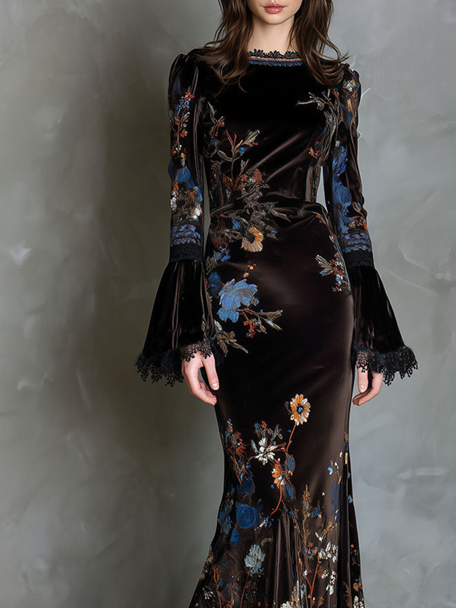 Vestido Maxi Marrón Terciopelo Floral Encaje