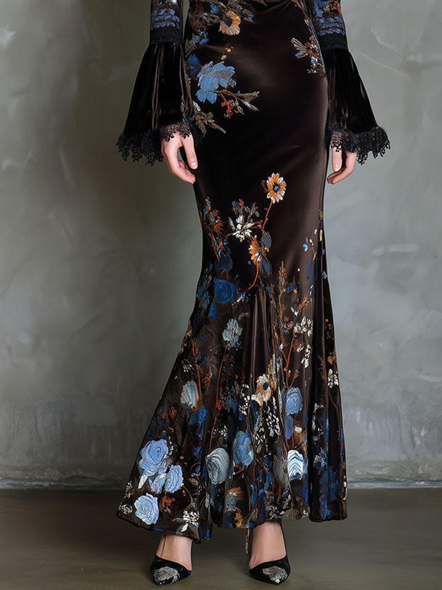 Vestido Maxi Marrón Terciopelo Floral Encaje