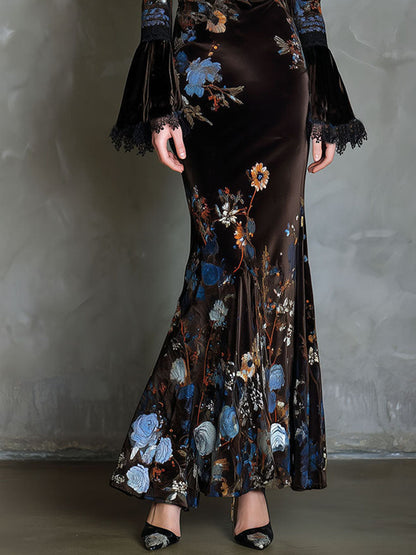 Vestido Maxi Marrón Terciopelo Floral Encaje