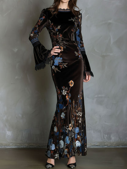 Vestido Maxi Marrón Terciopelo Floral Encaje