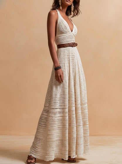 Vestido Maxi Marfil Crochet Halter Cinturón