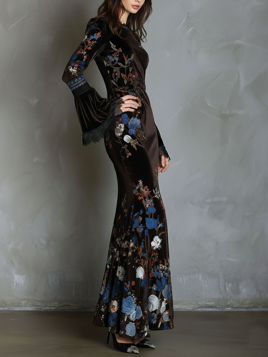 Vestido Maxi Marrón Terciopelo Floral Encaje
