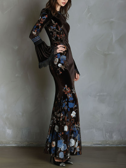Vestido Maxi Marrón Terciopelo Floral Encaje