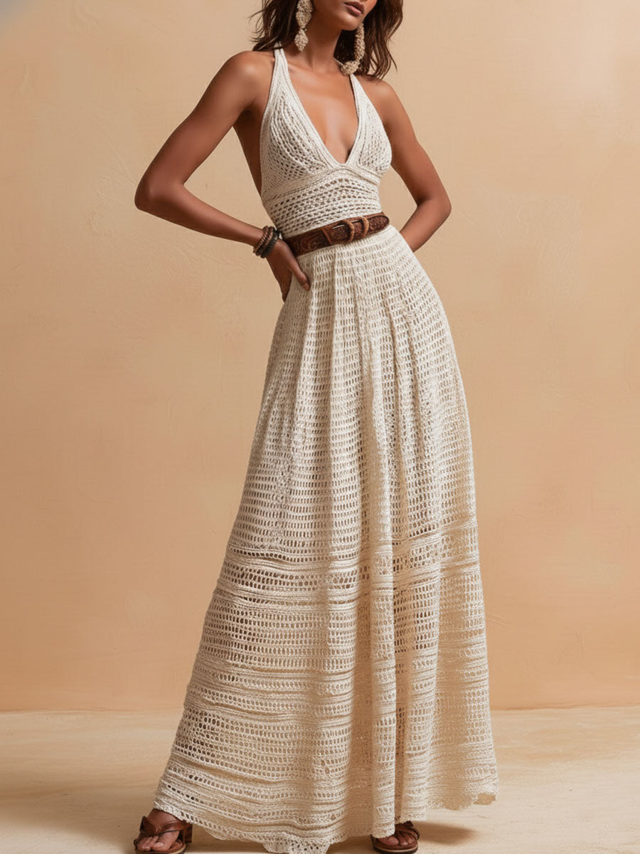 Vestido Maxi Marfil Crochet Halter Cinturón