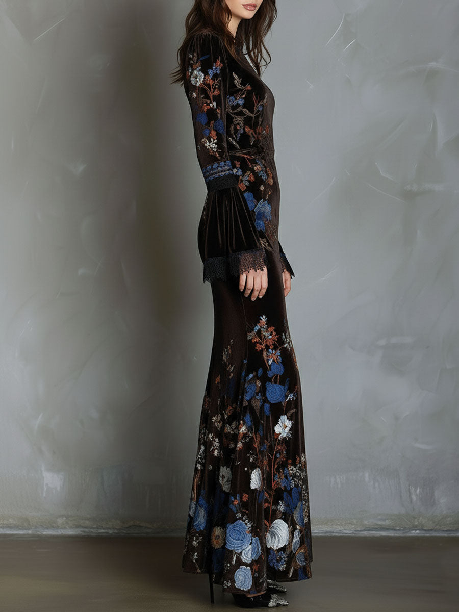 Vestido Maxi Marrón Terciopelo Floral Encaje