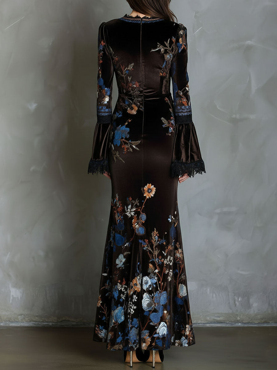Vestido Maxi Marrón Terciopelo Floral Encaje