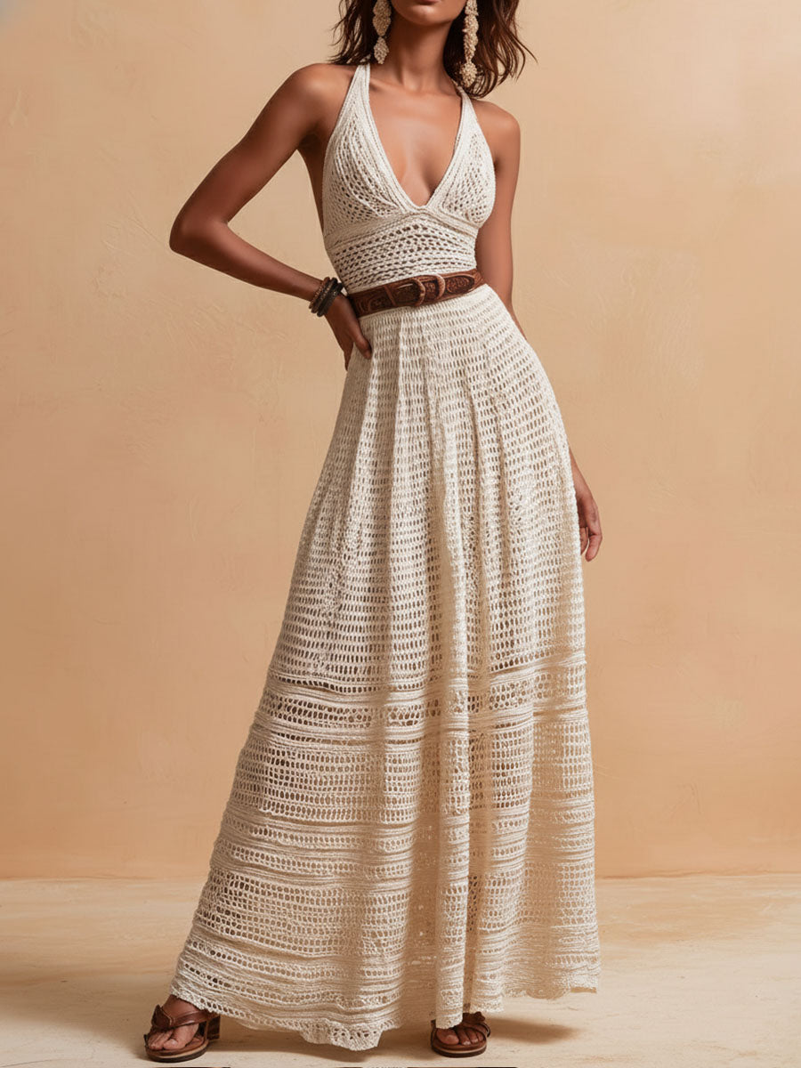 Vestido Maxi Marfil Crochet Halter Cinturón