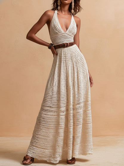 Vestido Maxi Marfil Crochet Halter Cinturón