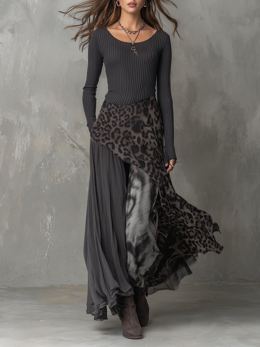 Vestido Maxi Gris Boho Rayas Leopardo Asimétrico
