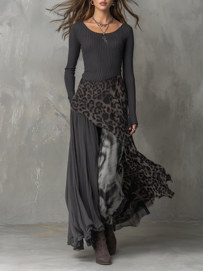 Vestido Maxi Gris Boho Rayas Leopardo Asimétrico