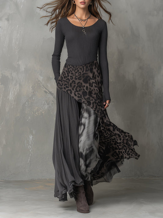 Vestido Maxi Gris Boho Rayas Leopardo Asimétrico