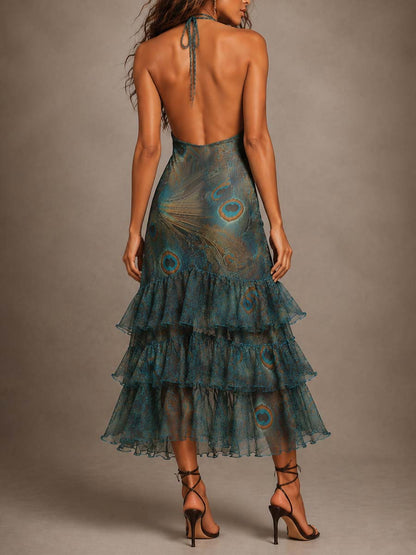 Vestido Midi Chiffon Verde Azulado Halter Volantes